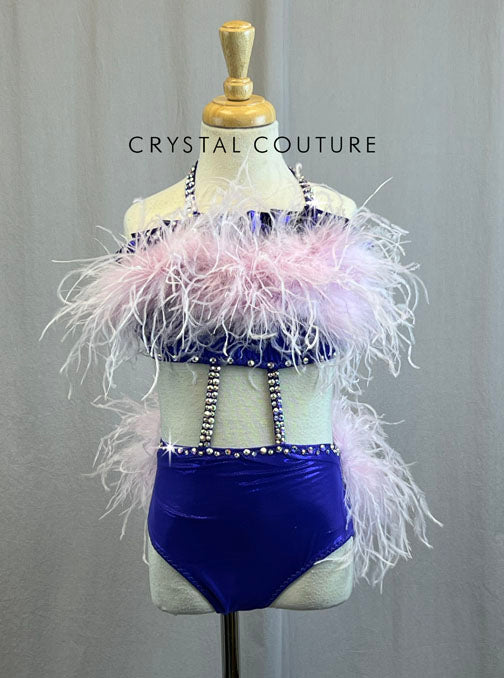*Brand New* Custom Purple Lycra Two Piece with Pink Feather bust and Bustle with Rhinestones
