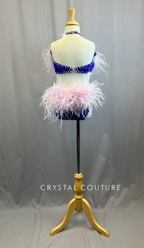 *Brand New* Custom Purple Lycra Two Piece with Pink Feather bust and Bustle with Rhinestones