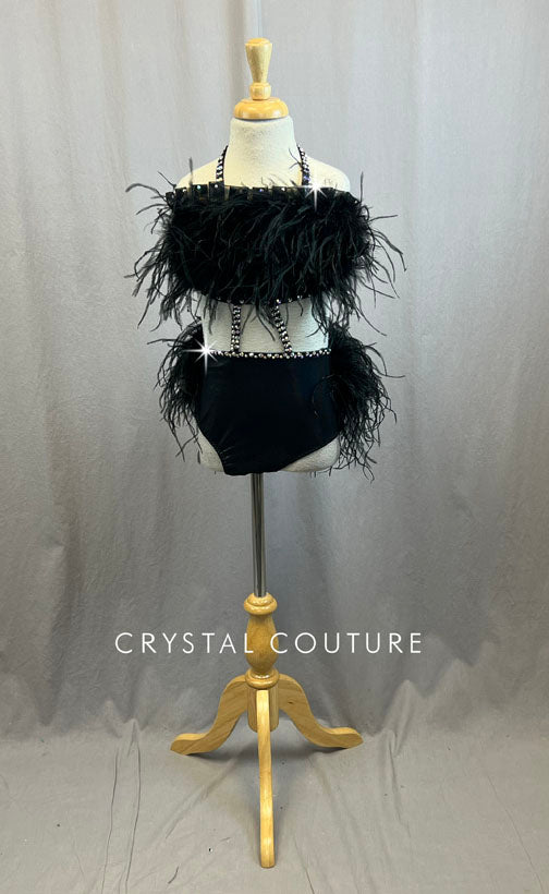 *Brand New* Custom Black Lycra Two Piece with Black Feather bust and Bustle with Rhinestones