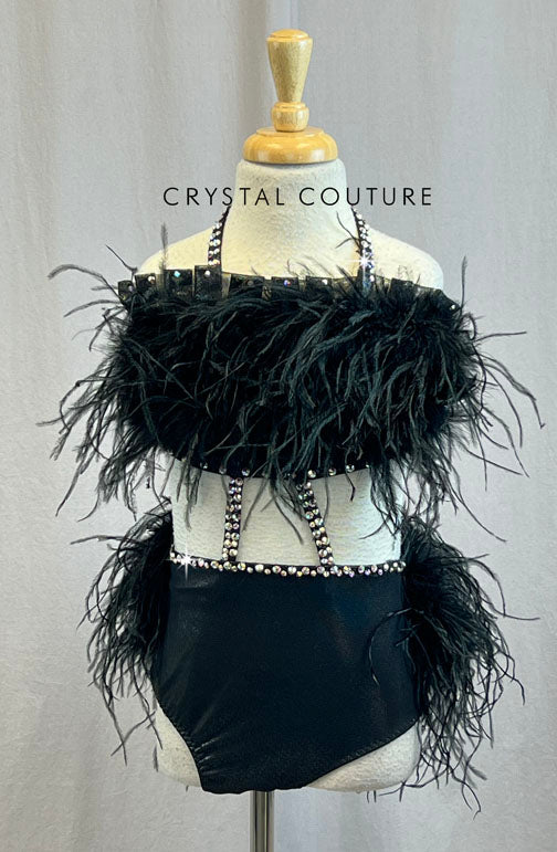 *Brand New* Custom Black Lycra Two Piece with Black Feather bust and Bustle with Rhinestones