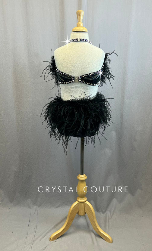 *Brand New* Custom Black Lycra Two Piece with Black Feather bust and Bustle with Rhinestones