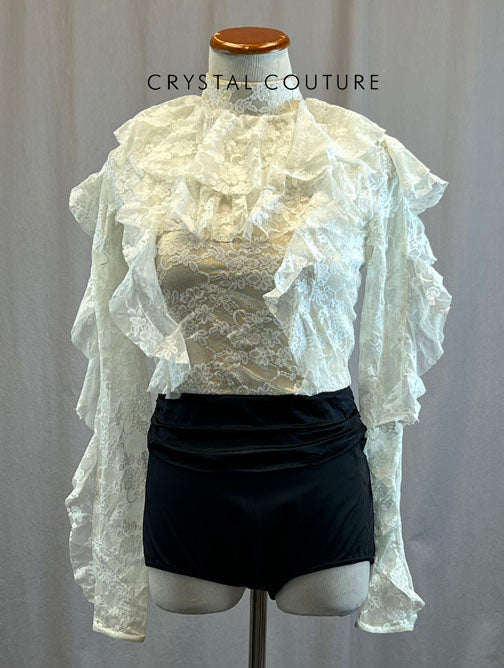 White Lace Ruffle Leotard with Black Brief