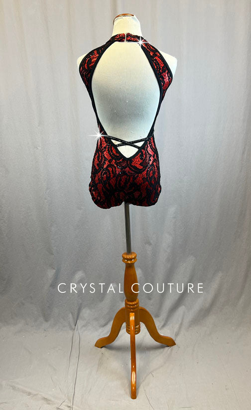 Custom Red and Black High Neck Leotard - Rhinestones