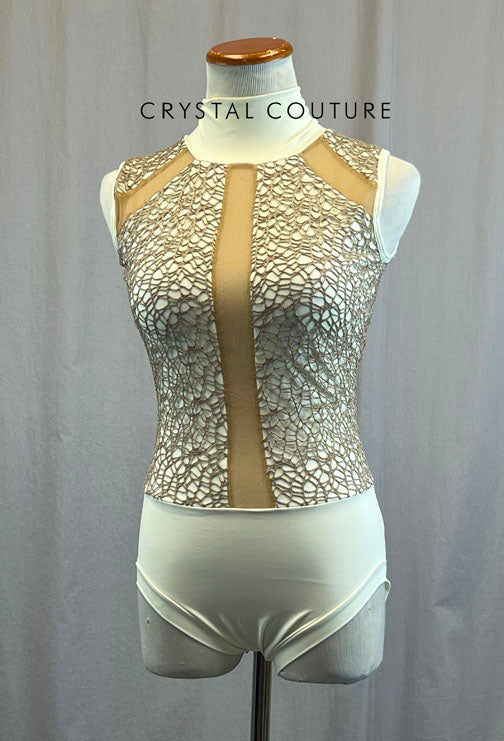 Custom Cream High Neck Leotard Mesh Inserts and Tan Gauze Fishnet Overlay