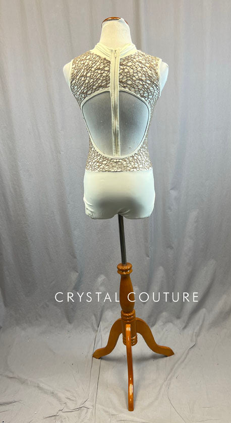 Custom Cream High Neck Leotard Mesh Inserts and Tan Gauze Fishnet Overlay