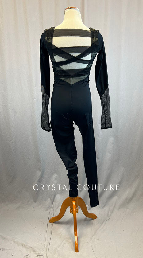 Custom Black Unitard with Mesh Strappy Back and Mesh Inserts