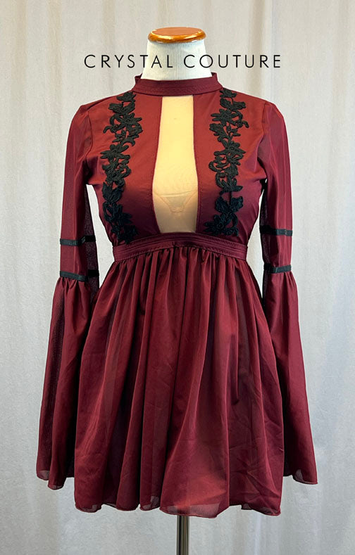 Custom Maroon Dress with Nude Leotard and Black Appliques