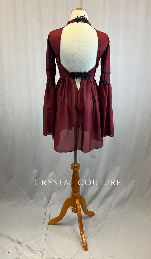 Custom Maroon Dress with Nude Leotard and Black Appliques