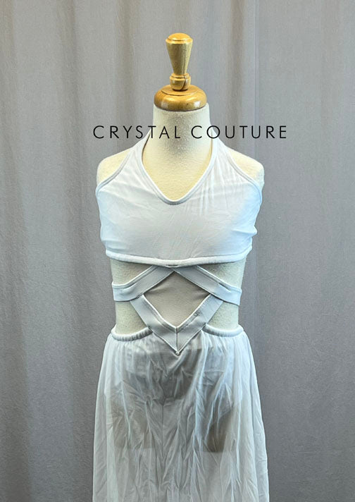 White Mesh Cutout Connected Two Piece with Long Mesh Skirt with a Slit