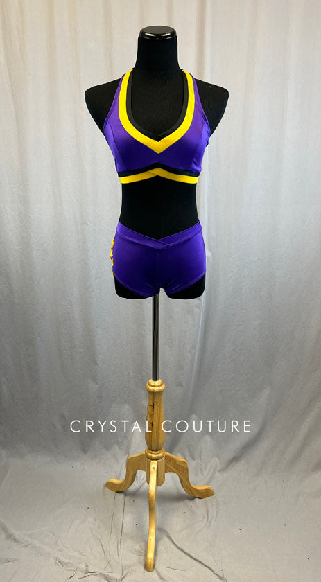 Purple, Yellow, and Black Pro Style Set with V Neck Bra Top and Short