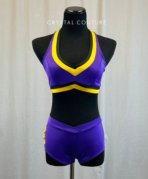 Purple, Yellow, and Black Pro Style Set with V Neck Bra Top and Short