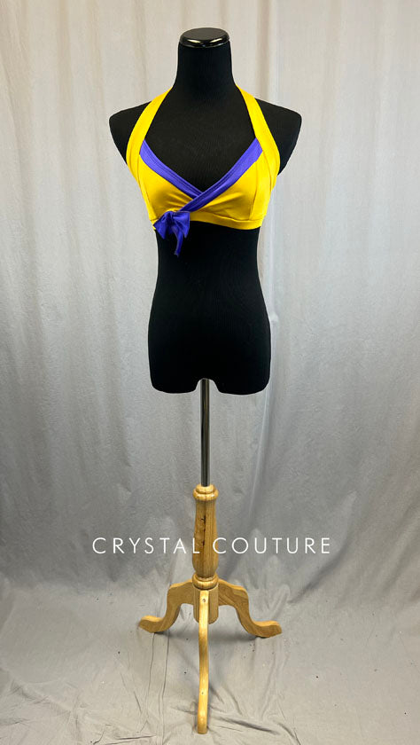 Yellow Halter Bra Top with Purple Bow and Trim Detail