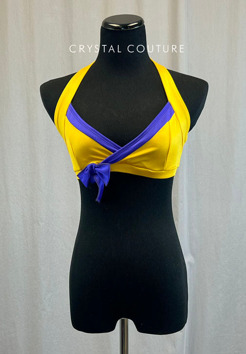 Yellow Halter Bra Top with Purple Bow and Trim Detail
