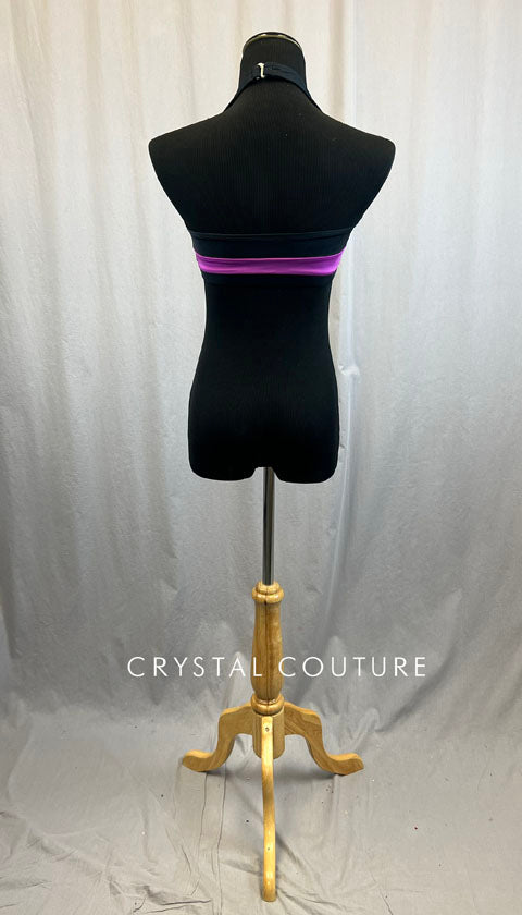 Fuchsia, Green and Black Colorblock Halter Bra Top - With Rhinestones