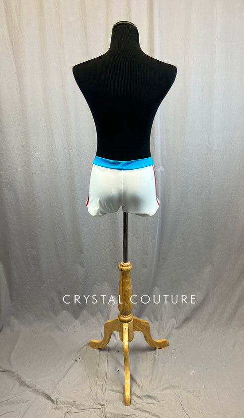 White Short with Turquoise Waistband and Red Stripe Detailing