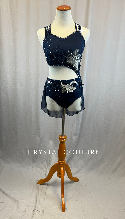 Custom Navy Blue Connected Two Piece with Mesh Half Skirt. Navy Blue and Light Grey Applique - Rhinestones