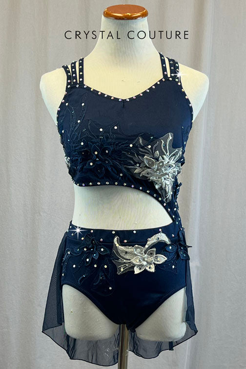 Custom Navy Blue Connected Two Piece with Mesh Half Skirt. Navy Blue and Light Grey Applique - Rhinestones