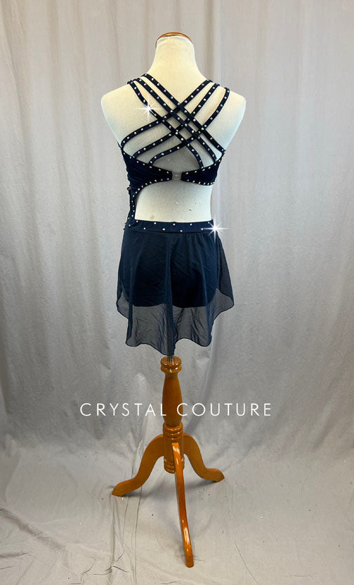 Custom Navy Blue Connected Two Piece with Mesh Half Skirt. Navy Blue and Light Grey Applique - Rhinestones