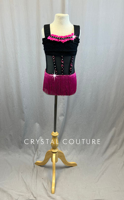 Semi- Custom Black Lace Leotard with Mesh Insert, Pink Fringe Skirt, and Lace Boning - Rhinestones