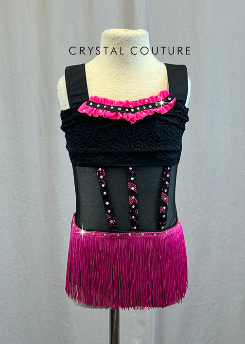 Semi- Custom Black Lace Leotard with Mesh Insert, Pink Fringe Skirt, and Lace Boning - Rhinestones