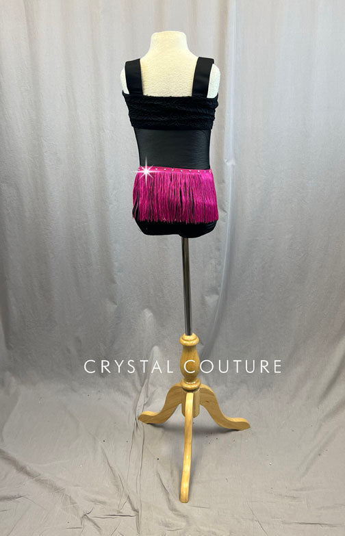 Semi- Custom Black Lace Leotard with Mesh Insert, Pink Fringe Skirt, and Lace Boning - Rhinestones