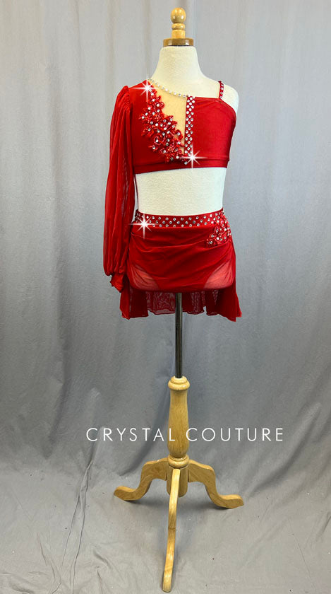 Red Two Piece One Sleeve Bra Top and High Waisted Brief with Mesh Drape Skirt Overlay - Rhinestones