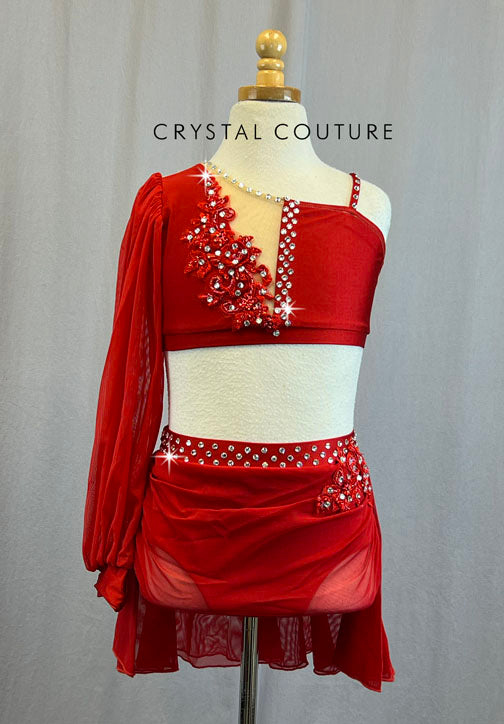 Red Two Piece One Sleeve Bra Top and High Waisted Brief with Mesh Drape Skirt Overlay - Rhinestones