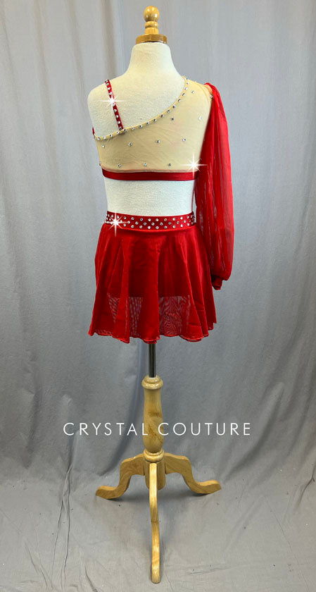 Red Two Piece One Sleeve Bra Top and High Waisted Brief with Mesh Drape Skirt Overlay - Rhinestones