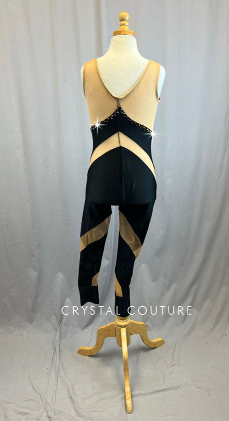 Black Unitard with Mesh Cutouts - Rhinestones