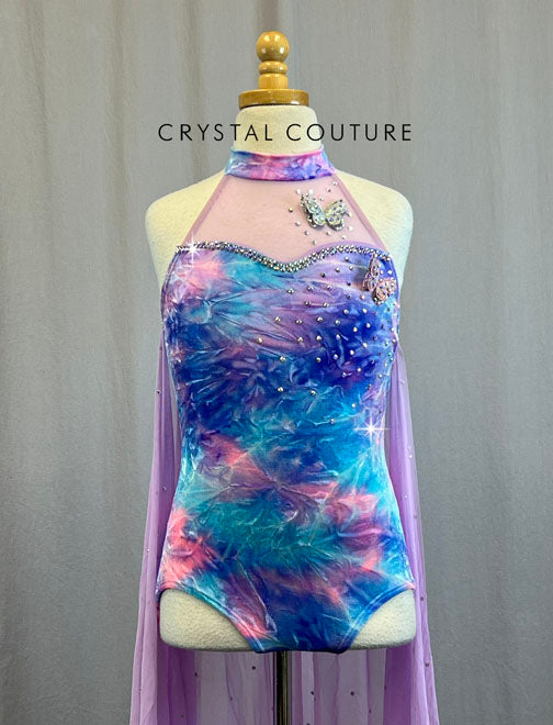 Purple Tie Dye Velvet Leotard with Mesh Skirt - Rhinestones