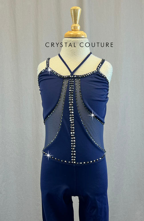 Navy Unitard with Mesh Inserts and Strappy Back - Rhinestones