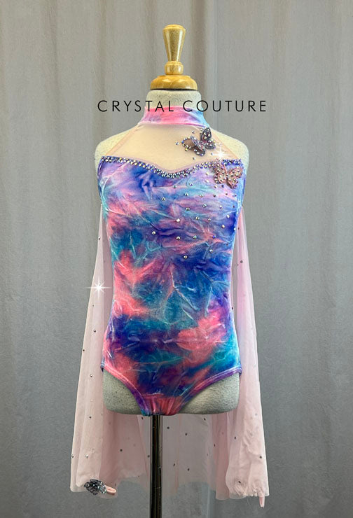 Pink Tie Dye Velvet Leotard with Mesh Skirt - Rhinestones