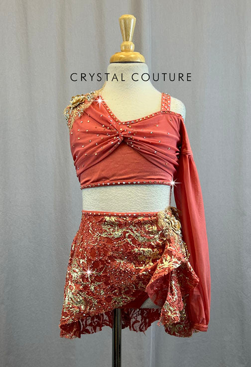 Peach Mesh and Lace Two piece with One Arm Sleeve - Rhinestones