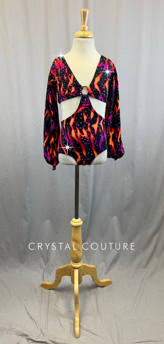 Black Neon Flame Cutout Leotard - Rhinestones