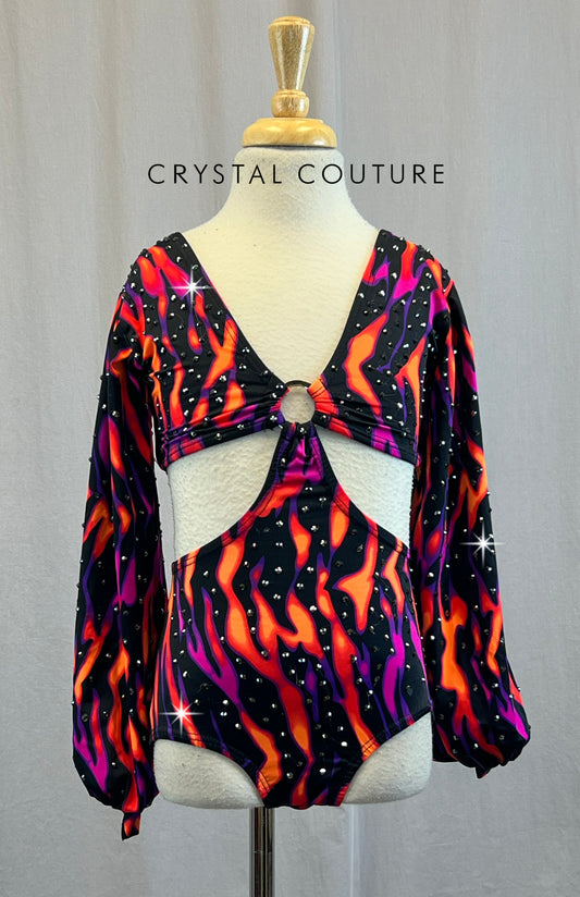 Black Neon Flame Cutout Leotard - Rhinestones