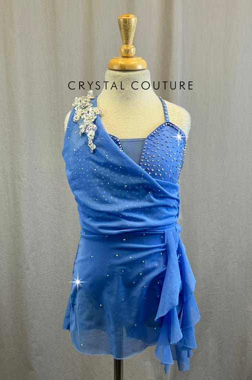 Periwinkle Blue Dress with Adjustable Mesh Shoulder Drape and Silver Applique - Rhinestones