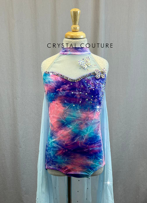 Blue Tie Dye Velvet Leotard with Mesh Skirt - Rhinestones