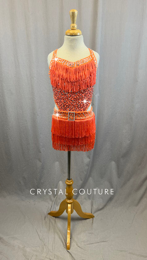 Orange Fringe Leotard with Open Back - Rhinestones