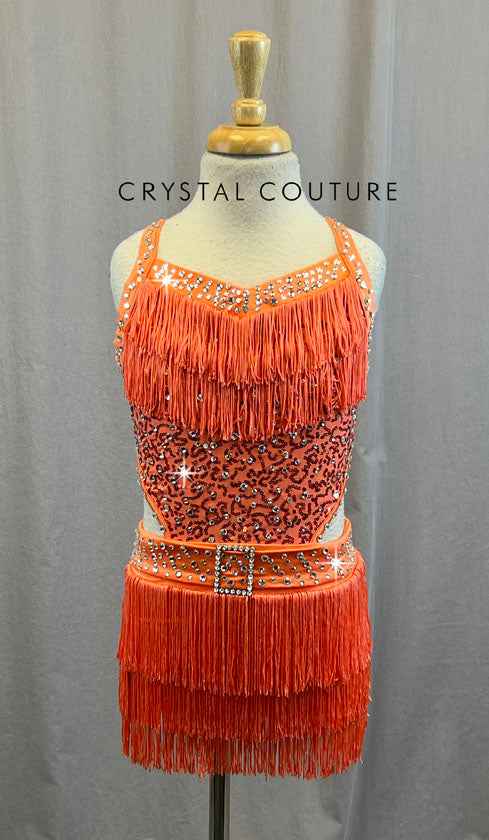 Orange Fringe Leotard with Open Back - Rhinestones