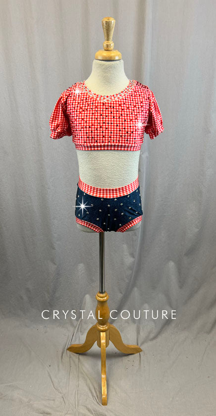 Red Gingham Puffy Cap Sleeve Bra Top and Denim Brief - Rhinestones