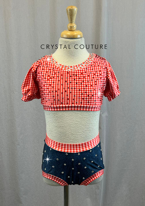 Red Gingham Puffy Cap Sleeve Bra Top and Denim Brief - Rhinestones