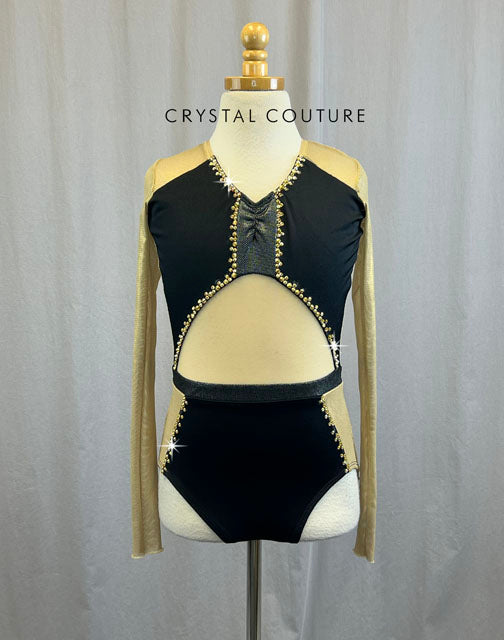 Black and Gold Leotard with Gold Sheer Mesh Cutouts - Rhinestones