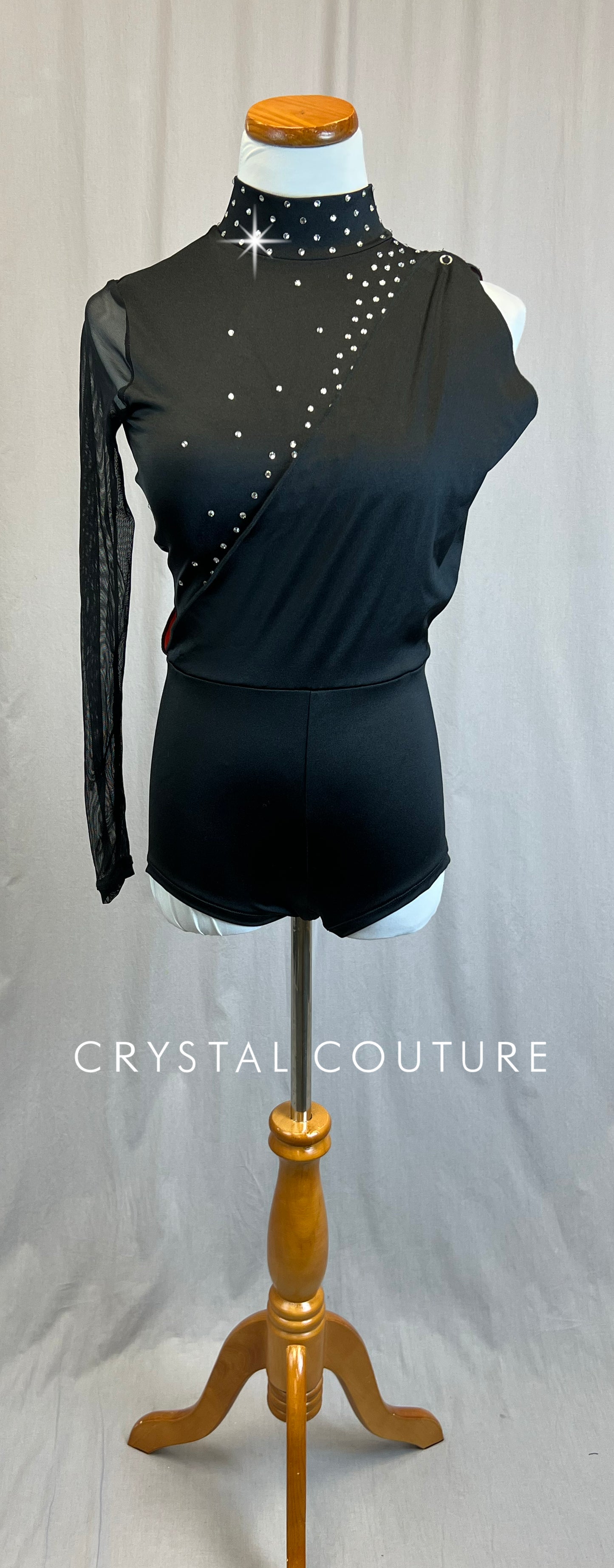 *Brand New* Black Asymmetrical Transition Biketard with Red Sequins and Half-Skirt