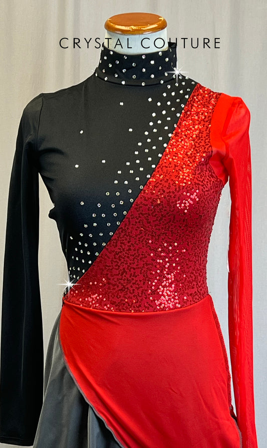 *Brand New* Black and Gray Asymmetrical Transition Biketard with Red Sequins and Half-Skirt