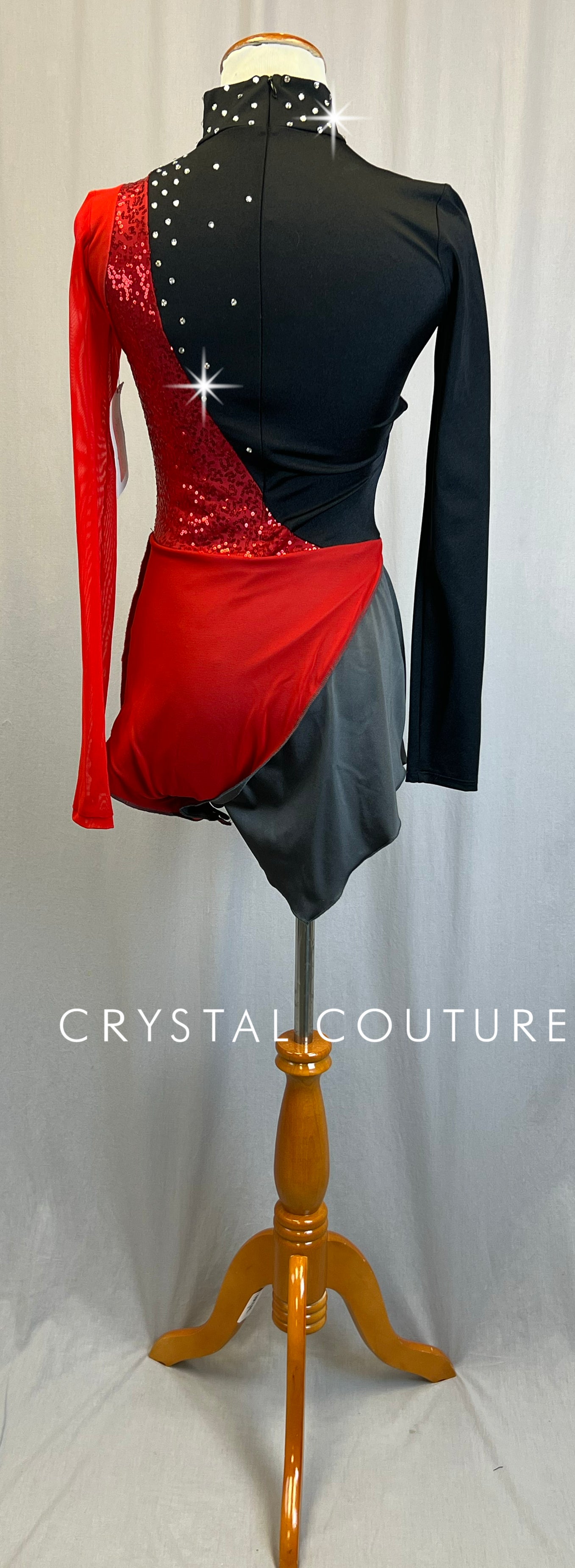 *Brand New* Black and Gray Asymmetrical Transition Biketard with Red Sequins and Half-Skirt