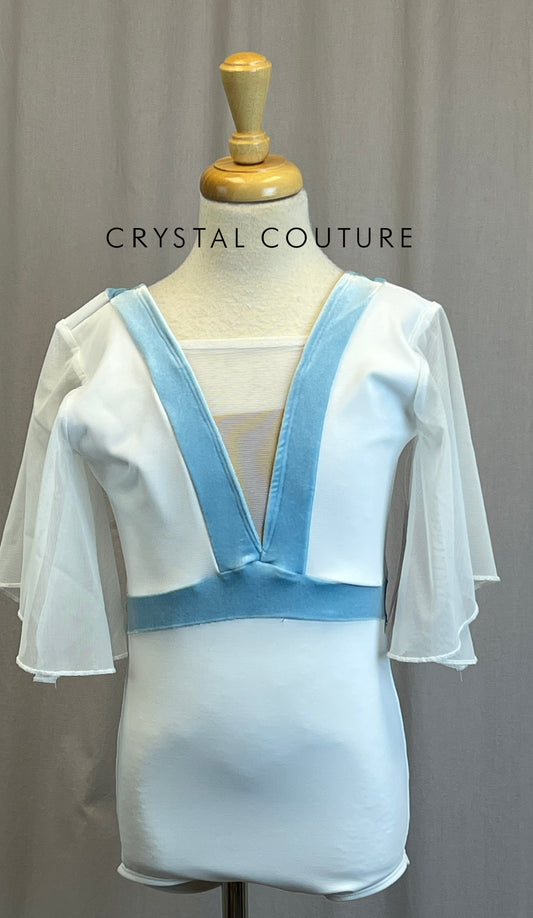 *Brand New* White Flounce Sleeve Leotard with Blue Velvet Trims