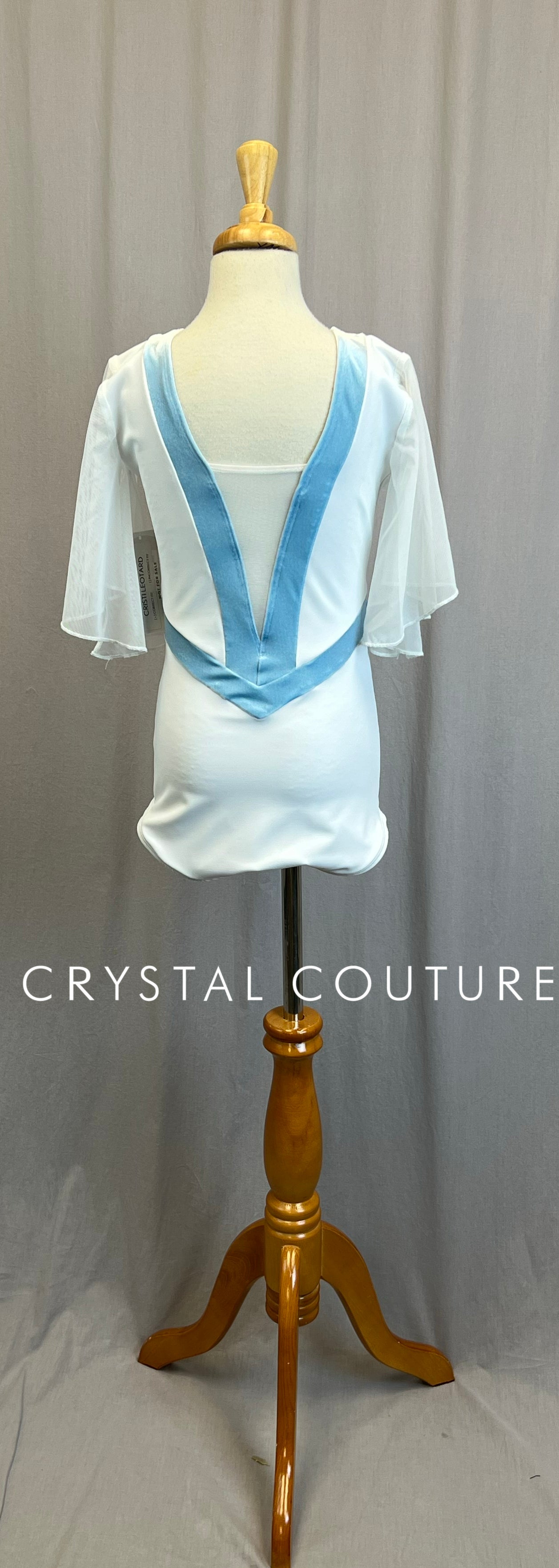 *Brand New* White Flounce Sleeve Leotard with Blue Velvet Trims