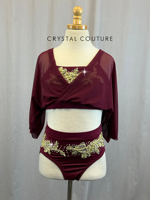 Maroon Two Piece with Mesh Flowy Arms and Gold Beaded Applique - Rhinestones