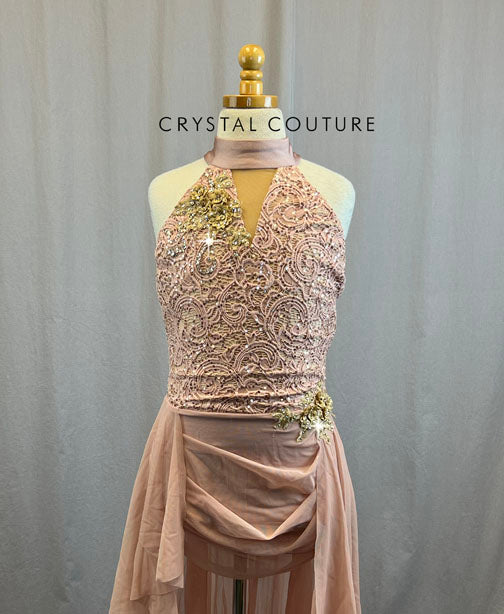 Light Pink Lace Sequin Dress with Mesh Skirt and Applique - Rhinestones