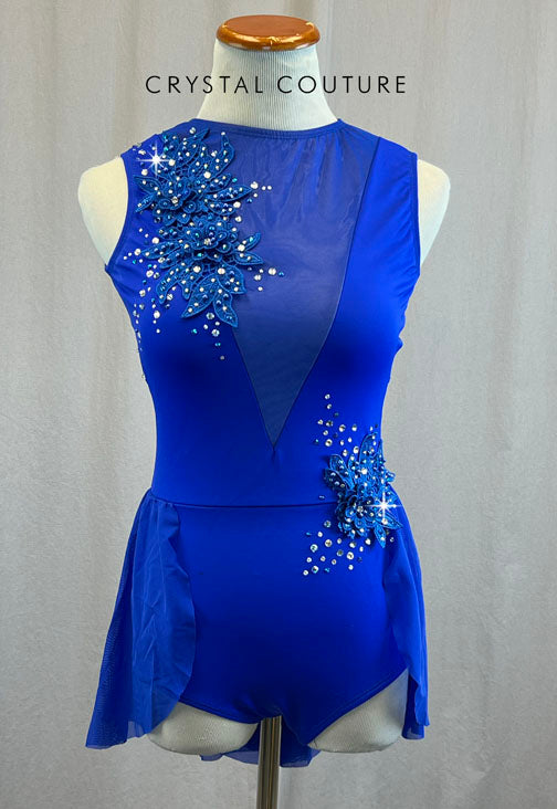 Royal Blue Dress with Mesh Back Skirt and Blue Floral Beaded Applique - Rhinestones